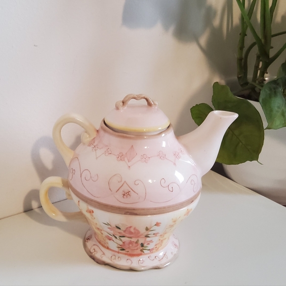 Tracy Porter Tea For One Teapot Cup Pot Mint Peach Rose Flower Design - Picture 1 of 8